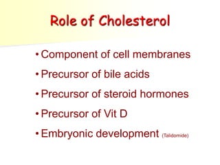 Role of Cholesterol
• Component of cell membranes

• Precursor of bile acids
• Precursor of steroid hormones
• Precursor of Vit D
• Embryonic development (Talidomide)

 