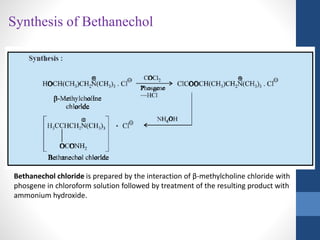 Synthesis of Bethanechol
Bethanechol chloride is prepared by the interaction of β-methylcholine chloride with
phosgene in chloroform solution followed by treatment of the resulting product with
ammonium hydroxide.
 