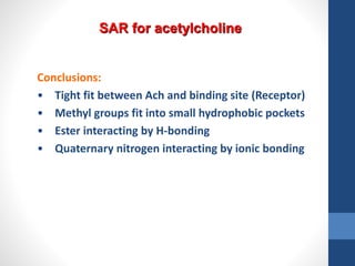 Conclusions:
• Tight fit between Ach and binding site (Receptor)
• Methyl groups fit into small hydrophobic pockets
• Ester interacting by H-bonding
• Quaternary nitrogen interacting by ionic bonding
SAR for acetylcholine
 