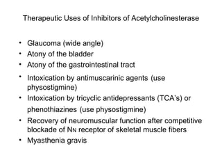 Therapeutic Uses of Inhibitors of Acetylcholinesterase Glaucoma (wide angle) Atony of the bladder Atony of the gastrointestinal tract Intoxication by antimuscarinic agents   (use physostigmine) Intoxication by tricyclic antidepressants (TCA’s) or phenothiazines   (use physostigmine) Recovery of neuromuscular function after competitive blockade of N N  receptor of skeletal muscle fibers Myasthenia gravis 