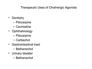Therapeutic Uses of Cholinergic Agonists Dentistry Pilocarpine Cevimeline Ophthalmology Pilocarpine Carbachol Gastrointestinal tract  Bethanechol Urinary bladder Bethanechol 