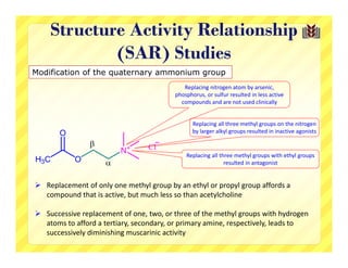 Structure Activity Relationship
            (SAR) Studies
Modification of the quaternary ammonium group
                                            Replacing nitrogen atom by arsenic, 
                                         phosphorus, or sulfur resulted in less active 
                                           compounds and are not used clinically


                                                Replacing all three methyl groups on the nitrogen 
                                                by larger alkyl groups resulted in inactive agonists


                                             Replacing all three methyl groups with ethyl groups 
                                                             resulted in antagonist


 Replacement of only one methyl group by an ethyl or propyl group affords a 
  compound that is active, but much less so than acetylcholine 

 Successive replacement of one, two, or three of the methyl groups with hydrogen 
  atoms to afford a tertiary, secondary, or primary amine, respectively, leads to 
  successively diminishing muscarinic activity
 