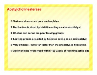 Acetylcholinesterase


  Serine and water are poor nucleophiles

  Mechanism is aided by histidine acting as a basic catalyst

  Choline and serine are poor leaving groups

  Leaving groups are aided by histidine acting as an acid catalyst

  Very efficient - 100 x 106 faster than the uncatalysed hydrolysis

  Acetylcholine hydrolysed within 100 secs of reaching active site
 