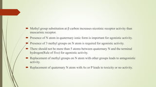  Methyl group substitution at β carbon increases nicotinic receptor activity than
muscarinic receptor.
 Presence of N atom in quaternary ionic form is important for agonistic activity.
 Presence of 3 methyl groups on N atom is required for agonistic activity.
 There should not be more than 5 atoms between quaternary N and the terminal
hydrogen(Rule of five) for agonistic activity.
 Replacement of methyl groups on N atom with other groups leads to antagonistic
activity.
 Replacement of quaternary N atom with As or P leads to toxicity or no activity.
 