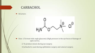 CARBACHOL
 Structure:
 Uses: 1.To treat wide angle glaucoma (High pressure in the eye becoz of damage of
optic nerve).
2. To produce miosis during eye surgery.
3.Carbachol is used during ophthalmic surgery and cataract surgery.
 