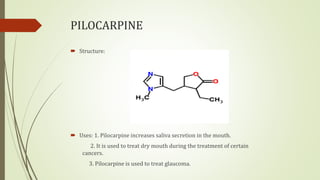 PILOCARPINE
 Structure:
 Uses: 1. Pilocarpine increases saliva secretion in the mouth.
2. It is used to treat dry mouth during the treatment of certain
cancers.
3. Pilocarpine is used to treat glaucoma.
 
