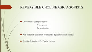 REVERSIBLE CHOLINERGIC AGONISTS
 Carbamates - Eg:Physostigmine
Neostigmine
Pyridostigmine
 Non-carbamate quaternary compounds - Eg:Edrophonium chloride
 Acridine derivatives -Eg: Tacrine chloride
 