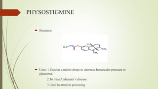 PHYSOSTIGMINE
 Structure:
 Uses: 1.Used as a miotic drops to decrease Intraocular pressure in
glaucoma.
2.To treat Alzheimer’s disease
3.Used in atropine poisoning
 