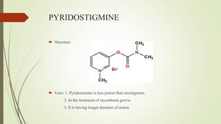 PYRIDOSTIGMINE
 Structure:
 Uses: 1. Pyridostimine is less potent than neostigmine.
2. In the treatment of myasthenia gravis.
3. It is having longer duration of action
 