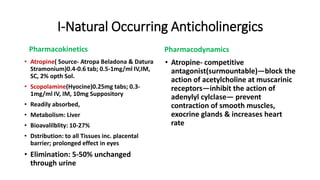 I-Natural Occurring Anticholinergics
Pharmacokinetics
• Atropine( Source- Atropa Beladona & Datura
Stramonium)0.4-0.6 tab; 0.5-1mg/ml IV,IM,
SC, 2% opth Sol.
• Scopolamine(Hyocine)0.25mg tabs; 0.3-
1mg/ml IV, IM, 10mg Suppository
• Readily absorbed,
• Metabolism: Liver
• Bioavalilblity: 10-27%
• Dstribution: to all Tissues inc. placental
barrier; prolonged effect in eyes
• Elimination: 5-50% unchanged
through urine
Pharmacodynamics
• Atropine- competitive
antagonist(surmountable)—block the
action of acetylcholine at muscarinic
receptors—inhibit the action of
adenylyl cylclase— prevent
contraction of smooth muscles,
exocrine glands & increases heart
rate
 
