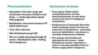 Pharmacokinetics
• Absorption: from skin, lungs and
conjunctiva very poor, limited in oral
Preps. — needs large doses except
Physostigmine
• Metabolism: microsmal enzymes CYP
450 & UDPof Liver
• T1/2: 20 to 120 mins
• Well distributed except CNS
• OPs are readily absorbed through all
routes –distributed to CNS—making
them Dangerous-
Mechanism of Action
• These agents inhibit majorly
acetylecholinestrase and also
butyrylcholinestrase at some levels,
increases the levels of endogenous
acetylcholine.
• Edrophoniums & Carbamates Reversibly
binds to Hydrogen bonds of enzyme on
active sites of acetylcholine— preventing
access to Acetylcholine—also known as
reversible Cholinesterase inhibitors
• OPs undergo initial binding and
hydrolyzes by the enzyme – stable
Phosphorous enzyme—hydrolyzes in
water at very slow rate(100s of Hours)—
known as aging which is dangerous.
 