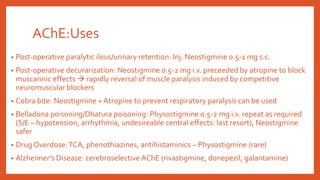 AChE:Uses
• Post-operative paralytic ileus/urinary retention: Inj. Neostigmine 0.5-1 mg s.c.
• Post-operative decurarization: Neostigmine 0.5-2 mg i.v. preceeded by atropine to block
muscarinic effects  rapidly reversal of muscle paralysis induced by competitive
neuromuscular blockers
• Cobra bite: Neostigmine + Atropine to prevent respiratory paralysis can be used
• Belladona poisoning/Dhatura poisoning: Physostigmine 0.5-2 mg i.v. repeat as required
(S/E – hypotension, arrhythmia, undesireable central effects: last resort), Neostigmine
safer
• Drug Overdose:TCA, phenothiazines, antihistaminics – Physostigmine (rare)
• Alzheimer’s Disease: cerebroselective AChE (rivastigmine, donepezil, galantamine)
 