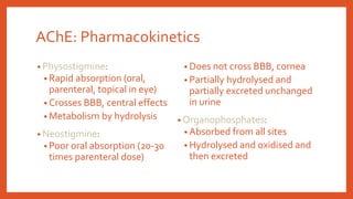 AChE: Pharmacokinetics
• Physostigmine:
• Rapid absorption (oral,
parenteral, topical in eye)
• Crosses BBB, central effects
• Metabolism by hydrolysis
• Neostigmine:
• Poor oral absorption (20-30
times parenteral dose)
• Does not cross BBB, cornea
• Partially hydrolysed and
partially excreted unchanged
in urine
• Organophosphates:
• Absorbed from all sites
• Hydrolysed and oxidised and
then excreted
 