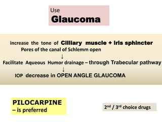 increase the tone of Cilliary muscle + iris sphincter
Pores of the canal of Schlemm open
↓
Facilitate Aqueous Humor drainage – through Trabecular pathway
↓
IOP decrease in OPEN ANGLE GLAUCOMA
PILOCARPINE
– is preferred 2nd / 3rd choice drugs
Use
Glaucoma
 