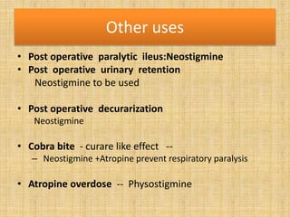 Other uses
• Post operative paralytic ileus:Neostigmine
• Post operative urinary retention
Neostigmine to be used
• Post operative decurarization
Neostigmine
• Cobra bite - curare like effect --
– Neostigmine +Atropine prevent respiratory paralysis
• Atropine overdose -- Physostigmine
 