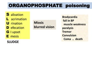 S alivation
L acrimation
U rination
D efecation
G I upset
E mesis
Miosis
blurred vision
Bradycardia
fall in BP
muscle weakness
paralysis
Tremor
Convulsion
Coma .. death
ORGANOPHOSPHATE poisoning
SLUDGE
 