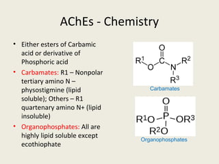 AChEs - Chemistry
• Either esters of Carbamic acid or
derivative of Phosphoric acid
• Carbamates: R1 – Nonpolar tertiary
amino N – physostigmine (lipid
soluble); Others – R1 quartenary
amino N+ (lipid insoluble)
• Organophosphates: All are highly lipid
soluble except ecothiophate
Carbamates
Organophosphates
 