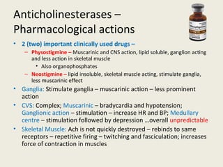 Anticholinesterases –
Pharmacological actions
• 2 (two) important clinically used drugs –
– Physostigmine – Muscarinic and CNS action, lipid soluble, ganglion acting and less action in skeletal
muscle
• Also organophosphates
– Neostigmine – lipid insoluble, skeletal muscle acting, stimulate ganglia, less muscarinic effect
• Ganglia: Stimulate ganglia – muscarinic action – less prominent action
• CVS: Complex; Muscarinic – bradycardia and hypotension; Ganglionic action – stimulation
– increase HR and BP; Medullary centre – stimulation followed by depression …overall
unpredictable
• Skeletal Muscle: Ach is not quickly destroyed – rebinds to same receptors – repetitive firing
– twitching and fasciculation; increases force of contraction in muscles
 