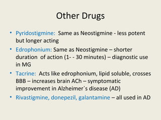 Other Drugs
• Pyridostigmine: Same as Neostigmine - less potent but longer
acting
• Edrophonium: Same as Neostigmine – shorter duration of action
(1- - 30 minutes) – diagnostic use in MG
• Tacrine: Acts like edrophonium, lipid soluble, crosses BBB –
increases brain ACh – symptomatic improvement in Alzheimer`s
disease (AD)
• Rivastigmine, donepezil, galantamine – all used in AD
 