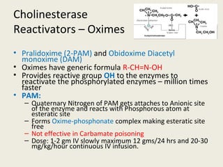 Cholinesterase
Reactivators – Oximes
• Pralidoxime (2-PAM) and Obidoxime Diacetyl monoxime (DAM)
• Oximes have generic formula R-CH=N-OH
• Provides reactive group OH to the enzymes to reactivate the phosphorylated
enzymes – million times faster
• PAM:
– Quaternary Nitrogen of PAM gets attaches to Anionic site of the enzyme and reacts with
Phosphorous atom at esteratic site
– Forms Oxime-phosphonate complex making esteratic site free
– Not effective in Carbamate poisoning
– Dose: 1-2 gm IV slowly maximum 12 gms/24 hrs and 20-30 mg/kg/hour continuous IV
infusion.
 
