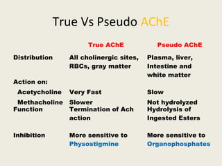 True Vs Pseudo AChE
True AChE Pseudo AChE
Distribution All cholinergic sites, RBCs, gray
matter
Plasma, liver, Intestine
and white matter
Action on:
Acetycholine
Methacholine
Very Fast
Slower
Slow
Not hydrolyzed
Function Termination of Ach actio Hydrolysis of Ingested
Esters
Inhibition More sensitive to Physostigmine More sensitive to
Organophosphates
 
