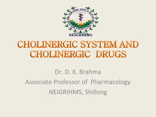 CHOLINERGIC SYSTEM AND
CHOLINERGIC DRUGS
Dr. D. K. Brahma
Associate Professor of Pharmacology
NEIGRIHMS, Shillong
 