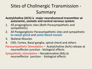 Sites of CholinergicTransmission - Summary
Acetylcholine (ACh) is major neurohumoral transmitter at autonomic, somatic and...