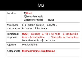 M2
Location 1)Heart
2)Smooth muscle
3)Nerve terminal 4)CNS
Molecular
mechanism
(-) of adenyl cyclase – ↓cAMP ,
Activation of K+channel
Functional
response
HEART -SA node -↓ HR : AV node - ↓ conduction
Atria - ↓contraction : Ventricle- ↓ contraction
Smooth muscle - ↑contraction
Agonists Methacholine
Antagonists Methoctramine, Tripitramine
 