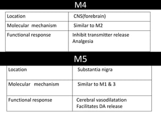 M4
Location CNS(forebrain)
Molecular mechanism Similar to M2
Functional response Inhibit transmitter release
Analgesia
Location Substantia nigra
Molecular mechanism Similar to M1 & 3
Functional response Cerebral vasodilatation
Facilitates DA release
M5
 