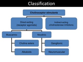 Classification
Cholinoceptor stimulants
Direct-acting
(receptor agonists)
Indirect-acting
(cholinesterase inhibitors)
Muscarinic Nicotinic
Choline esters
Alkaloids
Ganglionic
Neuromuscular
 