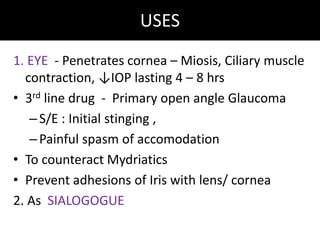 USES
1. EYE - Penetrates cornea – Miosis, Ciliary muscle
contraction, ↓IOP lasting 4 – 8 hrs
• 3rd line drug - Primary open angle Glaucoma
–S/E : Initial stinging ,
–Painful spasm of accomodation
• To counteract Mydriatics
• Prevent adhesions of Iris with lens/ cornea
2. As SIALOGOGUE
 