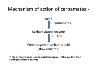 Mechanism of action of carbamates:-
AchE
+ carbamates
Carbamylated enzyme
+ H2O
Free enzyme + carbamic acid
(slow reaction)
½ life of reactivation - carbamylated enzyme - 30 mins -less than
synthesis of fresh enzyme
 