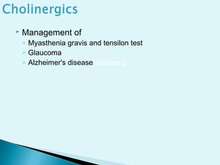 

Management of

◦ Myasthenia gravis and tensilon test
◦ Glaucoma
◦ Alzheimer's disease poisoning

 