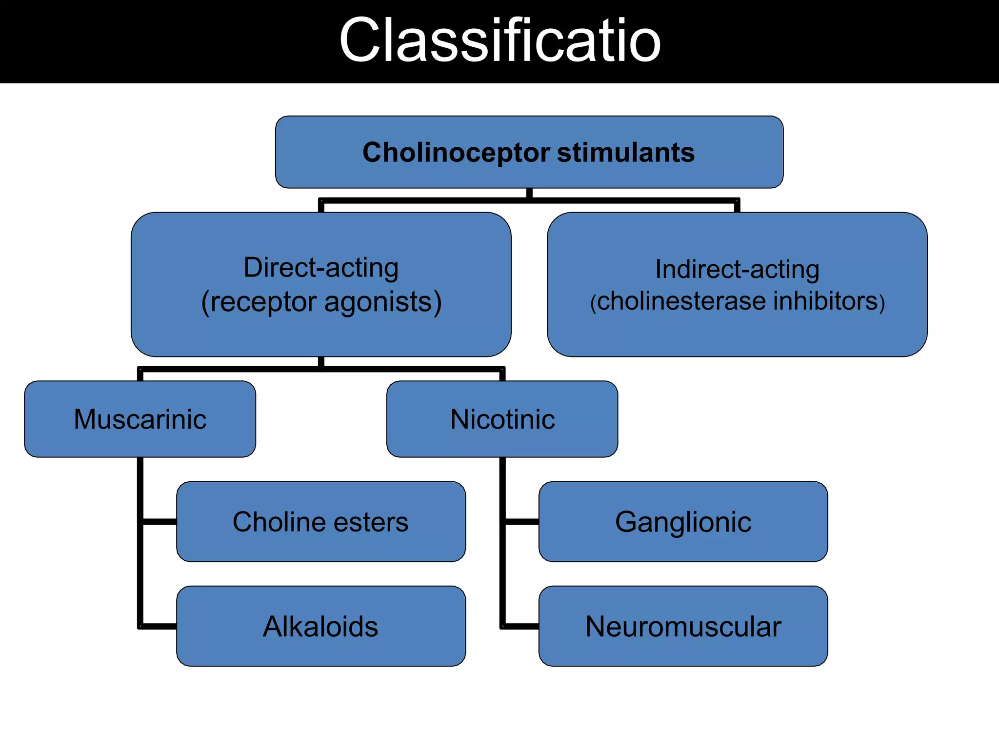 Classificatio
nCholinoceptor stimulants
Direct-acting
(receptor agonists)
Indirect-acting
(cholinesterase inhibitors)
Muscarinic Nicotinic
Choline esters
Alkaloids
Ganglionic
Neuromuscular
 