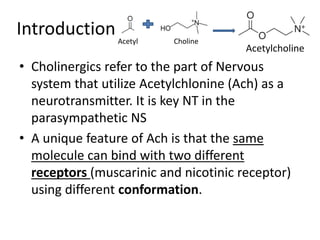 Introduction
• Cholinergics refer to the part of Nervous
system that utilize Acetylchlonine (Ach) as a
neurotransmitter. It is key NT in the
parasympathetic NS
• A unique feature of Ach is that the same
molecule can bind with two different
receptors (muscarinic and nicotinic receptor)
using different conformation.
Acetylcholine
Acetyl Choline
 