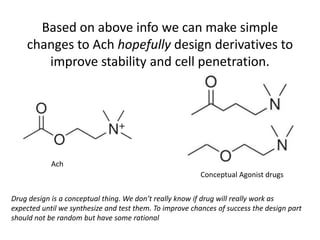 Based on above info we can make simple
changes to Ach hopefully design derivatives to
improve stability and cell penetration.
Ach
Conceptual Agonist drugs
Drug design is a conceptual thing. We don’t really know if drug will really work as
expected until we synthesize and test them. To improve chances of success the design part
should not be random but have some rational
 