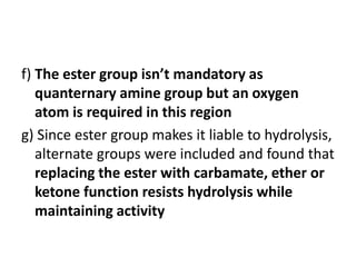 f) The ester group isn’t mandatory as
quanternary amine group but an oxygen
atom is required in this region
g) Since ester group makes it liable to hydrolysis,
alternate groups were included and found that
replacing the ester with carbamate, ether or
ketone function resists hydrolysis while
maintaining activity
 