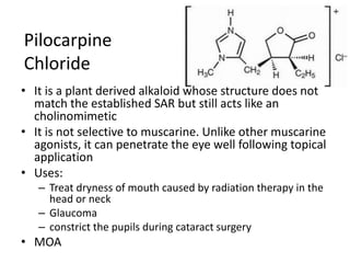 Pilocarpine
Chloride
• It is a plant derived alkaloid whose structure does not
match the established SAR but still acts like an
cholinomimetic
• It is not selective to muscarine. Unlike other muscarine
agonists, it can penetrate the eye well following topical
application
• Uses:
– Treat dryness of mouth caused by radiation therapy in the
head or neck
– Glaucoma
– constrict the pupils during cataract surgery
• MOA
 