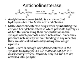 Anticholinesterase
• Acetylcholinesterase (AchE) is a enzyme that
hydrolyzes Ach into Acetic acid and Choline
• MOA: Anticholinesterase drugs work by inhibiting the
enzyme Acetylcholinesterase which prevents hydrolysis
of Ach thus increasing their concentration in the
synapse which promotes more Ach action. Since they
promote Ach activity without binding to any receptor
they are also called indirectly acting cholinergic
agonists
• Note: There is enough Acetylcholinesterase in the
synapse to hydrolyze 3 X 108 molecules of Ach in 1
millisecond (10-3sec). Normally only 3 X 106 Ach are
released into synapse
 