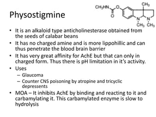 Physostigmine
• It is an alkaloid type anticholinesterase obtained from
the seeds of calabar beans
• It has no charged amine and is more lippohillic and can
thus penetrate the blood brain barrier
• It has very great affinity for AchE but that can only in
charged form. Thus there is pH limitation in it’s activity.
• Uses
– Glaucoma
– Counter CNS poisoning by atropine and tricyclic
depressents
• MOA – It inhibits AchE by binding and reacting to it and
carbamylating it. This carbamylated enzyme is slow to
hydrolysis
 