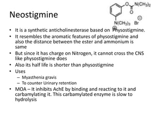 Neostigmine
• It is a synthetic anticholinesterase based on Physostigmine.
• It resembles the aromatic features of physostigmine and
also the distance between the ester and ammonium is
same
• But since it has charge on Nitrogen, it cannot cross the CNS
like physostigmine does
• Also its half life is shorter than physostigmine
• Uses
– Myasthenia gravis
– To counter Urinary retention
• MOA – It inhibits AchE by binding and reacting to it and
carbamylating it. This carbamylated enzyme is slow to
hydrolysis
 