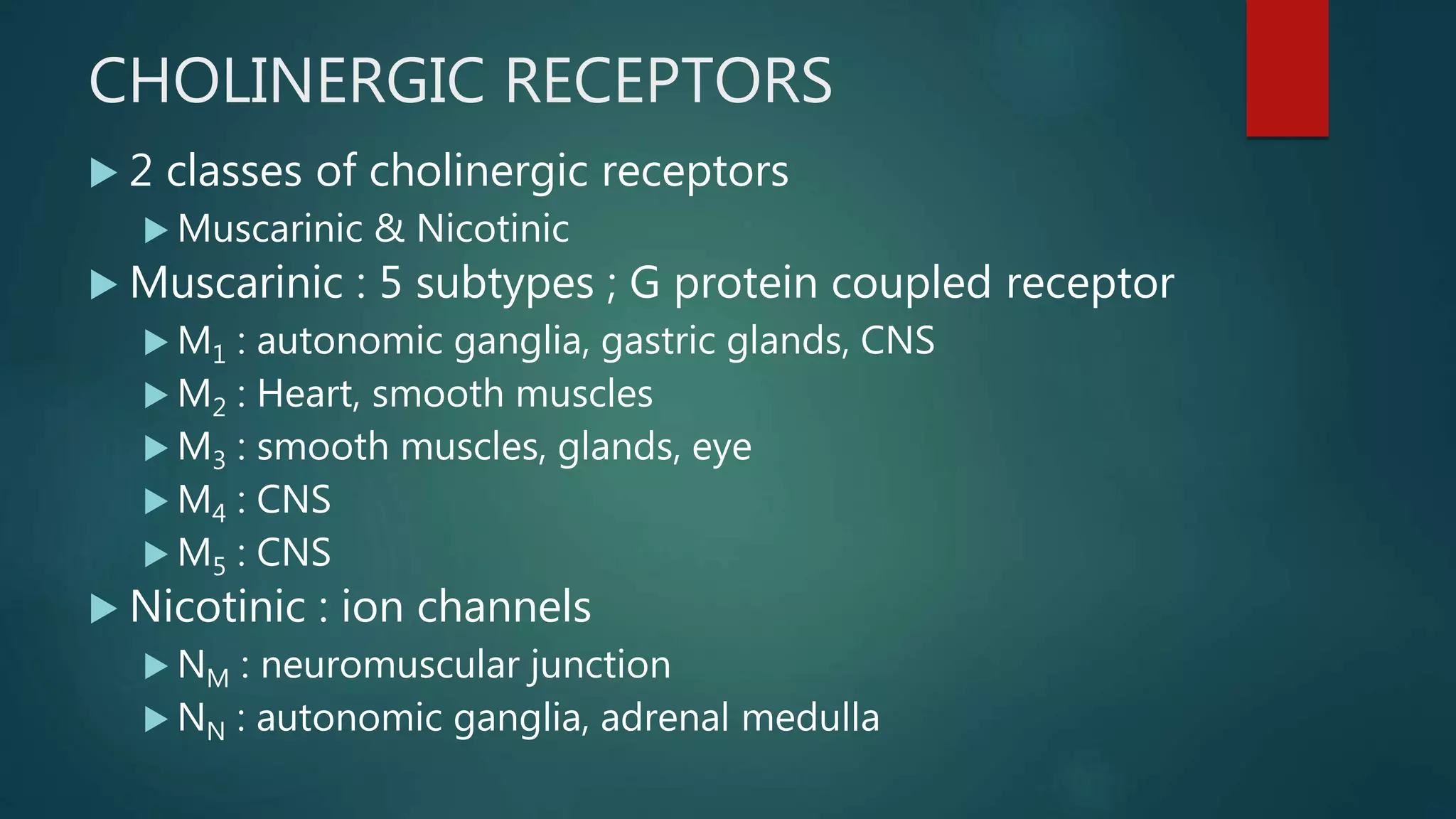 CHOLINERGIC RECEPTORS
 2 classes of cholinergic receptors
 Muscarinic & Nicotinic
 Muscarinic : 5 subtypes ; G protein coupled receptor
 M1 : autonomic ganglia, gastric glands, CNS
 M2 : Heart, smooth muscles
 M3 : smooth muscles, glands, eye
 M4 : CNS
 M5 : CNS
 Nicotinic : ion channels
 NM : neuromuscular junction
 NN : autonomic ganglia, adrenal medulla
 