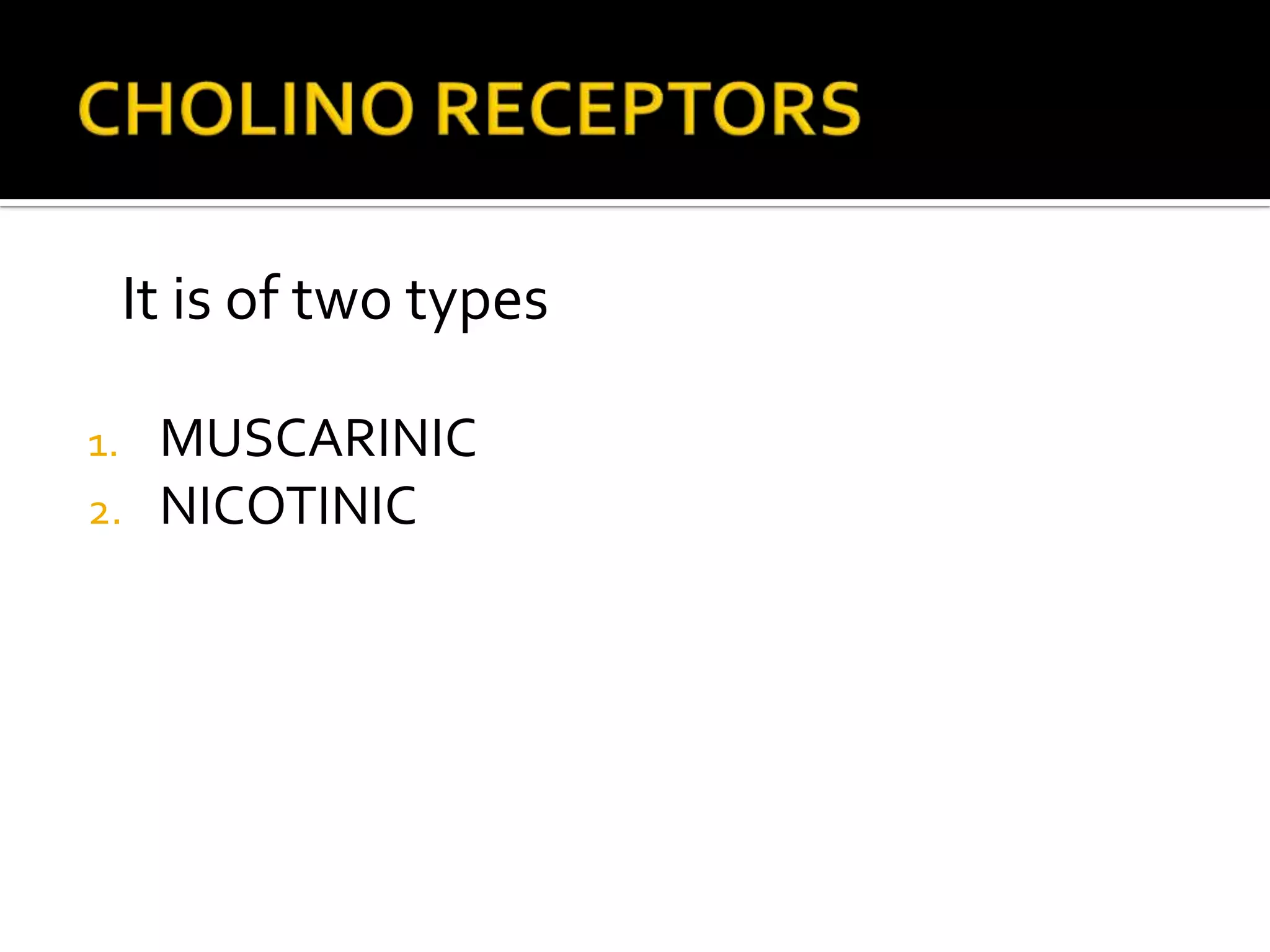 It is of two types
1. MUSCARINIC
2. NICOTINIC
 