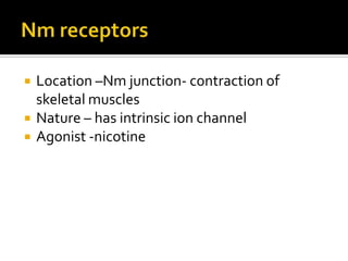 Location –Nm junction- contraction of
skeletal muscles
 Nature – has intrinsic ion channel
 Agonist -nicotine
 