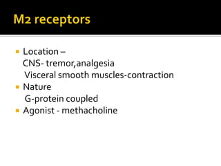  Location –
CNS- tremor,analgesia
Visceral smooth muscles-contraction
 Nature
G-protein coupled
 Agonist - methacholine
 