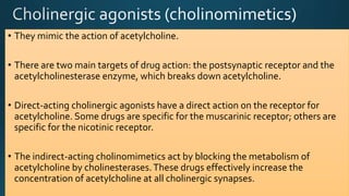 • They mimic the action of acetylcholine.
• There are two main targets of drug action: the postsynaptic receptor and the
acetylcholinesterase enzyme, which breaks down acetylcholine.
• Direct-acting cholinergic agonists have a direct action on the receptor for
acetylcholine. Some drugs are specific for the muscarinic receptor; others are
specific for the nicotinic receptor.
• The indirect-acting cholinomimetics act by blocking the metabolism of
acetylcholine by cholinesterases.These drugs effectively increase the
concentration of acetylcholine at all cholinergic synapses.
 