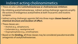 • These are also called anticholinesterase or cholinesterase inhibitors
• By inhibiting acetylcholinesterase, indirect-acting cholinergic agonists amplify
the actions of endogenous acetylcholine at both muscarinic and nicotinic
synapses
• Indirect-acting cholinergic agonists fall into three major classes based on
chemical structure and duration of effect.
• These classes are :
• Alcohols (e.g., edrophonium),
• Carbamates (e.g., neostigmine) and
• Organophosphates (e.g., echothiophate).
• Based on the binding, all three classes may be considered pseudoirreversible
antagonists of acetylcholinesterase.
 