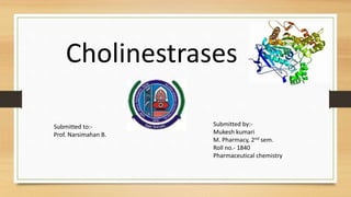 Cholinestrases
Submitted to:-
Prof. Narsimahan B.
Submitted by:-
Mukesh kumari
M. Pharmacy, 2nd sem.
Roll no.- 1840
Pharmaceutical chemistry
 