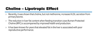 › Recently, it was shown that choline, but not methionine, increasesVLDL secretion from
primary bovine.
› The reduction in liver fat content when feeding transition cows Rumen Protected
Choline (RPC) is accompanied by improved health and production.
› It has been known for years that elevated fat in the liver is associated with poor
reproductive performance.
Choline – Lipotropic Effect
 