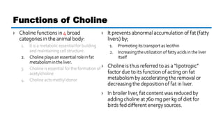 › Choline functions in 4 broad
categories in the animal body:
1. It is a metabolic essential for building
and maintaining cell structure.
2. Choline plays an essential role in fat
metabolism in the liver.
3. Choline is essential for the formation of
acetylcholine
4. Choline acts methyl donor
Functions of Choline
› It prevents abnormal accumulation of fat (fatty
livers) by;
1. Promoting its transport as lecithin
2. Increasing the utilization of fatty acids in the liver
itself
› Choline is thus referred to as a “lipotropic”
factor due to its function of acting on fat
metabolism by accelerating the removal or
decreasing the deposition of fat in liver.
› In broiler liver, fat content was reduced by
adding choline at 760 mg per kg of diet for
birds fed different energy sources.
 